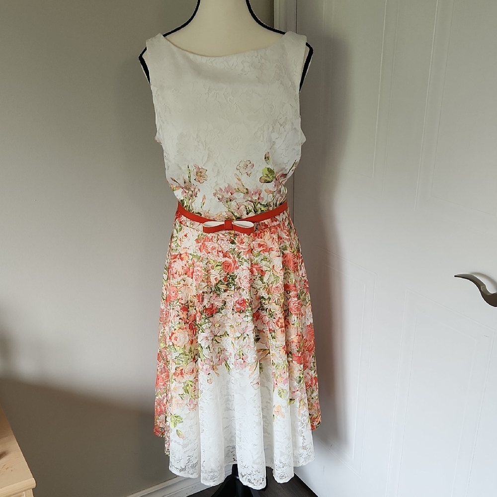 Laura cream and floral lace full skirted sleeveless dress with bow belt, size 12